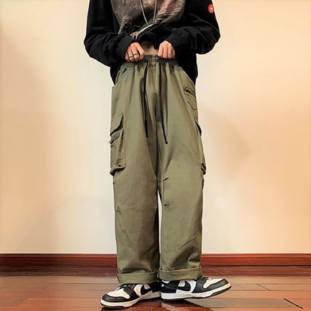 (A8) NEW‎ Y2K Drawstring Waist Plain Wide Leg Cargo Pants Baggy fit, Sz M, NWOT